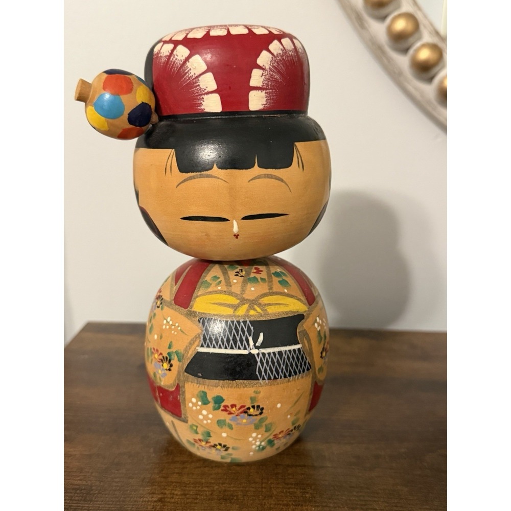 Vintage Japanese Kokeshi Doll‎ Nodder Bobble Head Wood Hand Painted Kimono 7"